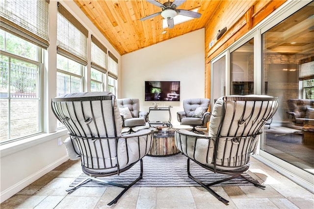 sunroom / solarium with a wealth of natural light, wood ceiling, and vaulted ceiling