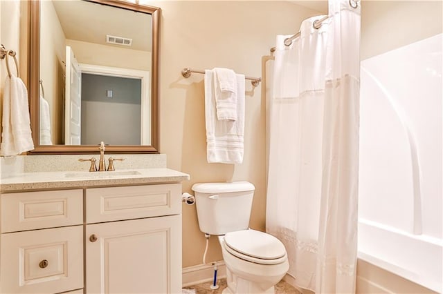 full bathroom with vanity, toilet, and shower / bathtub combination with curtain