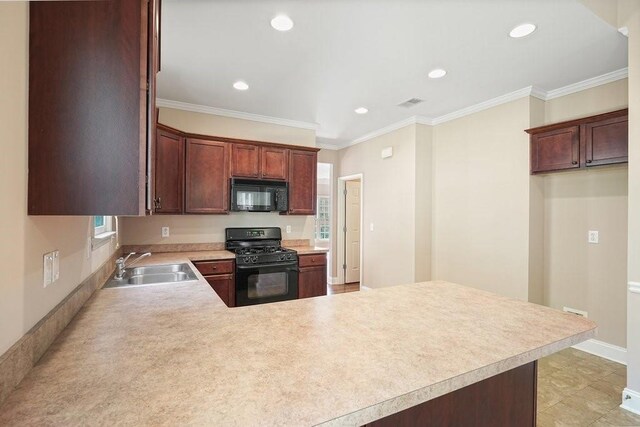 kitchen with black appliances, kitchen peninsula, ornamental molding, and sink