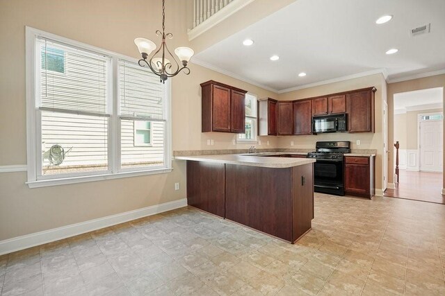 kitchen featuring kitchen peninsula, crown molding, hanging light fixtures, black appliances, and a chandelier