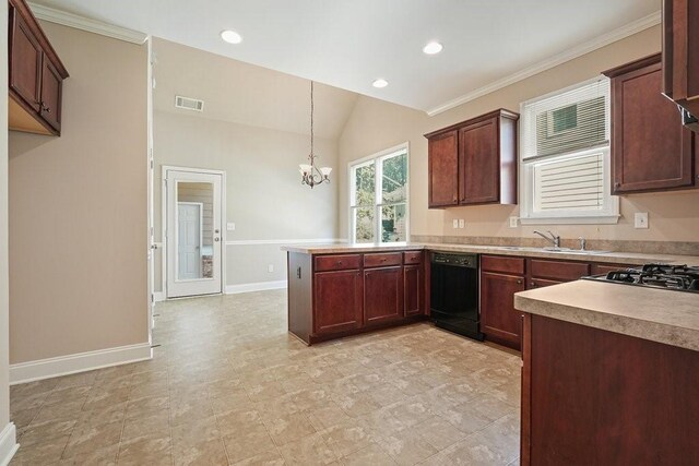 kitchen featuring kitchen peninsula, dishwasher, decorative light fixtures, a notable chandelier, and lofted ceiling