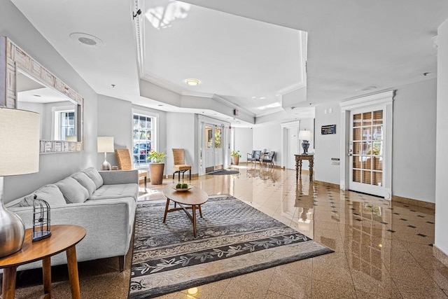 1 Biscayne Dr NW Unit 804, Atlanta, GA 30309 - living area featuring granite floors, baseboards, ornamental molding, and a raised ceiling