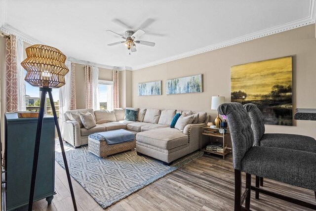 1 Biscayne Dr NW Unit 804, Atlanta, GA 30309 - living room with crown molding, a ceiling fan, and wood finished floors