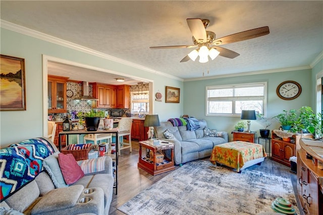 living room with a textured ceiling, plenty of natural light, wood finished floors, and crown molding