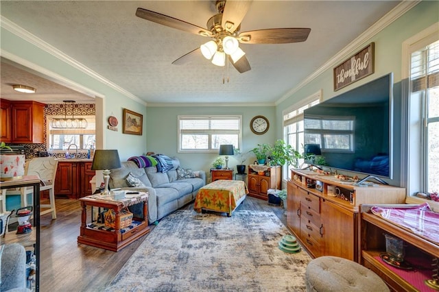 living area with a wealth of natural light, ornamental molding, and wood finished floors