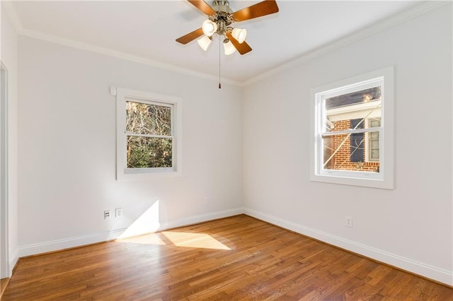 empty room with crown molding, ceiling fan, and wood-type flooring