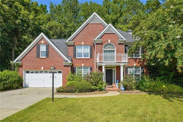 view of front of home featuring an attached garage, a balcony, brick siding, concrete driveway, and a front lawn