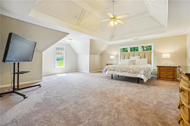 carpeted bedroom featuring lofted ceiling, a ceiling fan, and baseboards