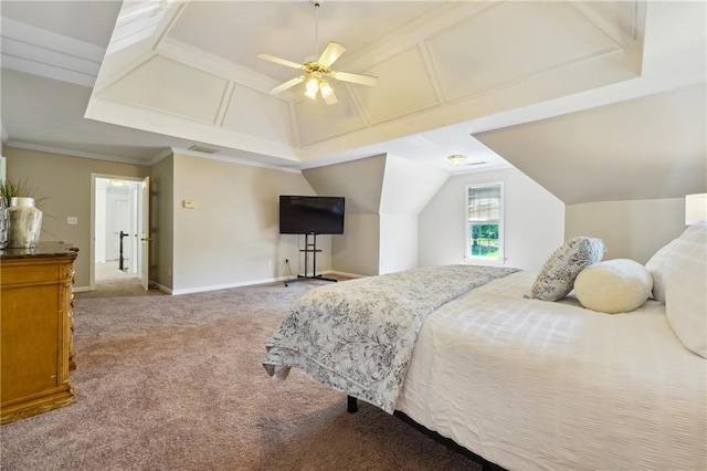 bedroom with light carpet, baseboards, lofted ceiling, ceiling fan, and ornamental molding