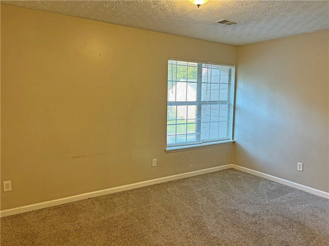 spare room featuring a textured ceiling and carpet flooring