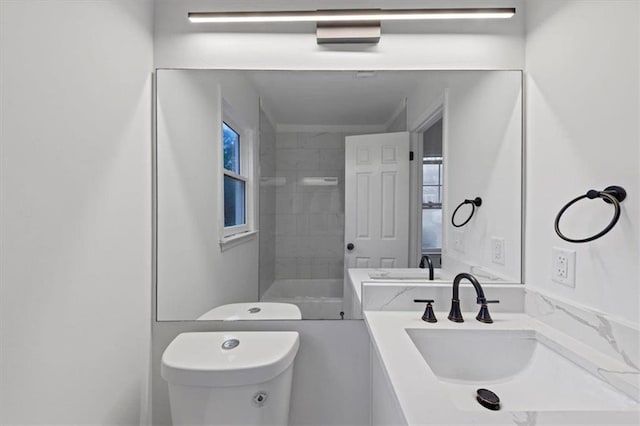 bathroom with toilet, a shower, and vanity