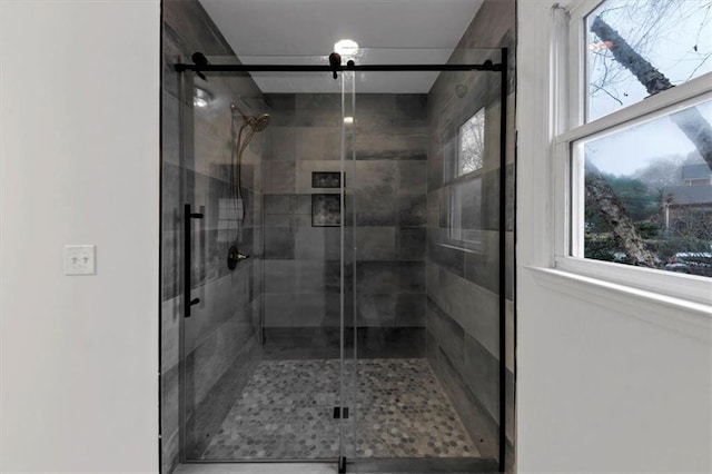 bathroom featuring a shower with shower door