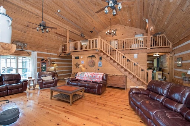 living room with high vaulted ceiling, light hardwood / wood-style floors, wood ceiling, and ceiling fan