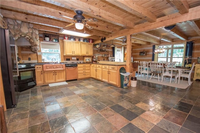 kitchen with black range, dark tile floors, dishwasher, and beam ceiling