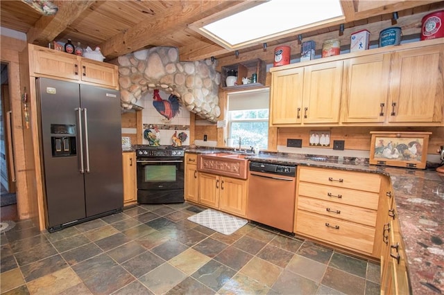 kitchen featuring dishwashing machine, high end refrigerator, beam ceiling, stove, and wood ceiling