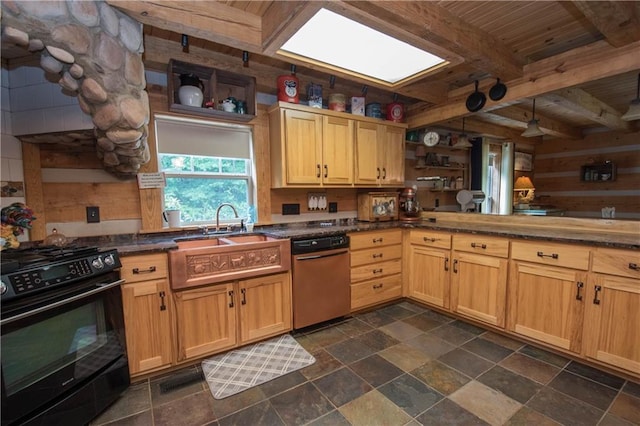 kitchen with wooden ceiling, stainless steel dishwasher, black stove, sink, and beam ceiling