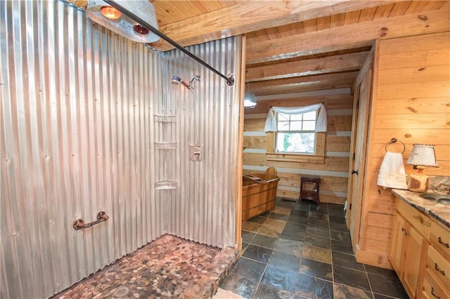 bathroom featuring tile flooring, vanity, and wood ceiling