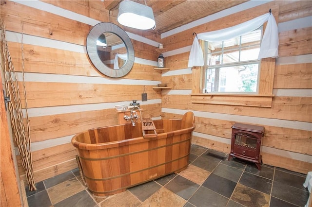 interior space featuring a wood stove