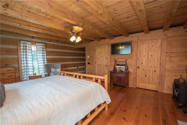 bedroom featuring a wood stove, dark wood-type flooring, beamed ceiling, wood walls, and wooden ceiling