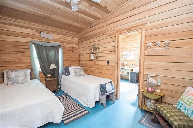 bedroom featuring ceiling fan, wooden ceiling, and vaulted ceiling