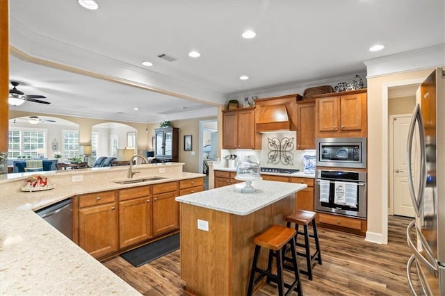 kitchen featuring appliances with stainless steel finishes, ornamental molding, open floor plan, a sink, and premium range hood