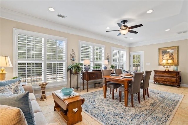 dining area with ceiling fan, light tile patterned floors, ornamental molding, recessed lighting, and baseboards