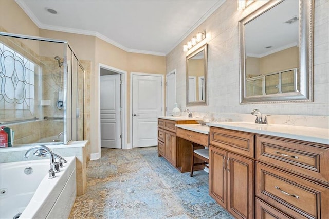 bathroom featuring a shower stall, a bath, vanity, and ornamental molding