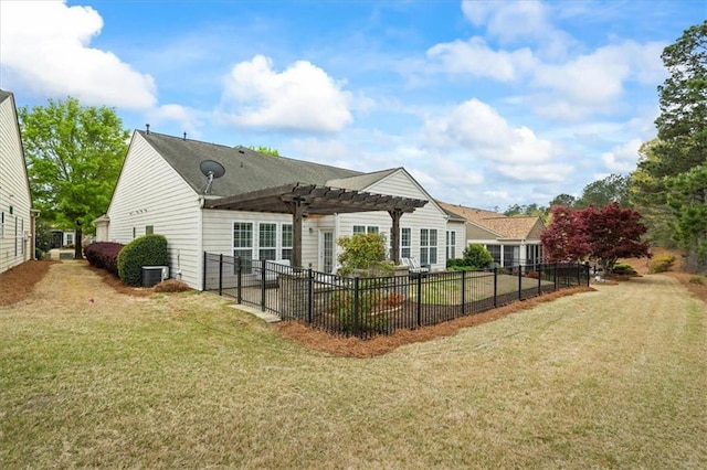 rear view of property featuring a pergola, central AC, and a patio