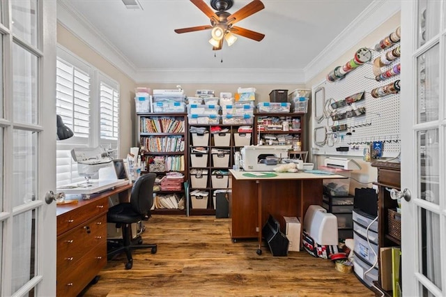 office area featuring a ceiling fan, ornamental molding, wood finished floors, and french doors
