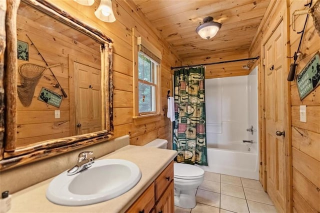 bathroom with toilet, tile patterned floors, vanity, wooden ceiling, and wood walls