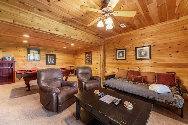 carpeted living room featuring wooden walls, ceiling fan, wooden ceiling, and billiards