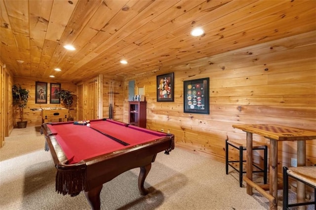 recreation room with recessed lighting, carpet, pool table, and wood ceiling