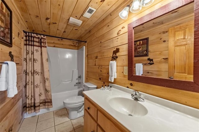 bathroom with toilet, vanity, wood ceiling, wood walls, and visible vents