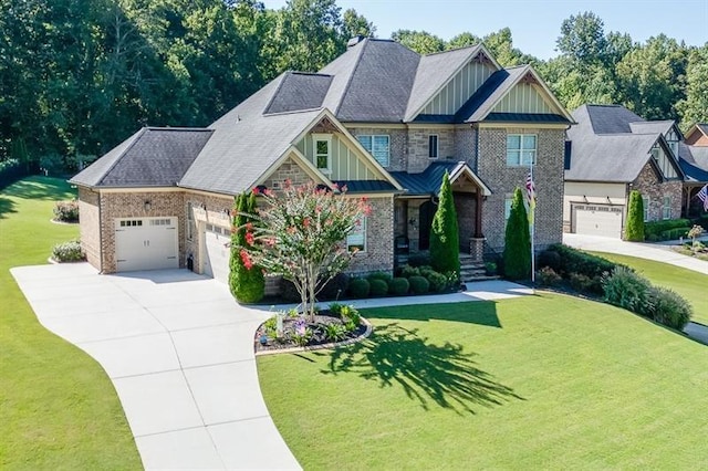 craftsman house featuring concrete driveway, an attached garage, a standing seam roof, board and batten siding, and a front yard