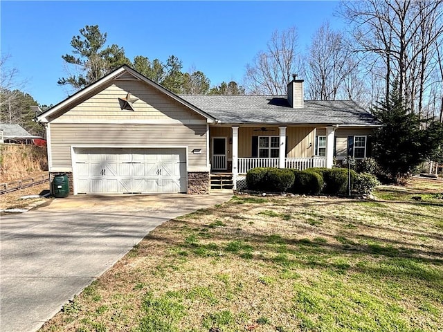 single story home with a front yard, driveway, covered porch, a chimney, and a garage