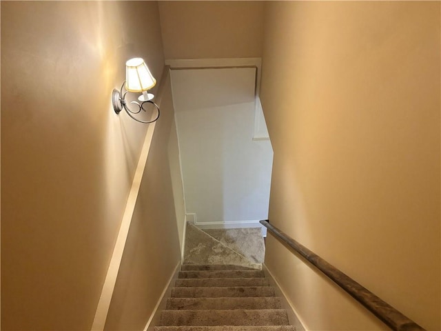 stairway with baseboards and carpet floors