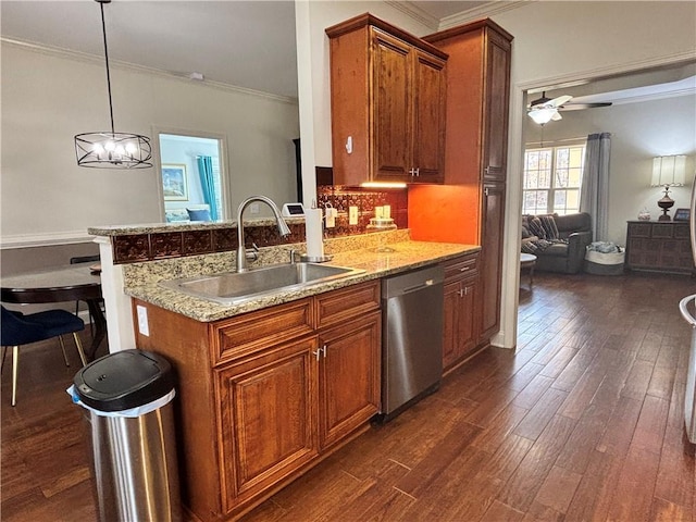 kitchen with a ceiling fan, a sink, dark wood finished floors, crown molding, and dishwasher