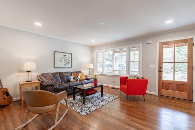 living room with crown molding and wood-type flooring