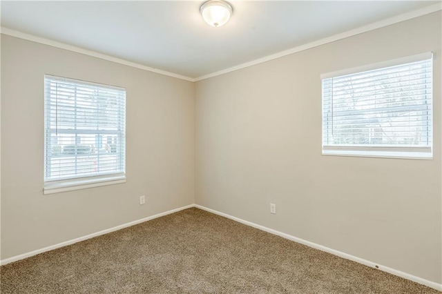 carpeted spare room with crown molding