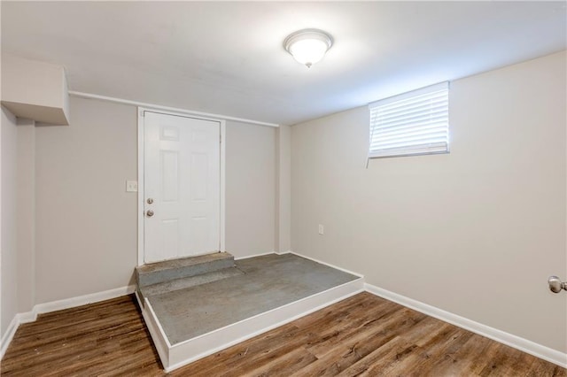 basement with dark hardwood / wood-style floors