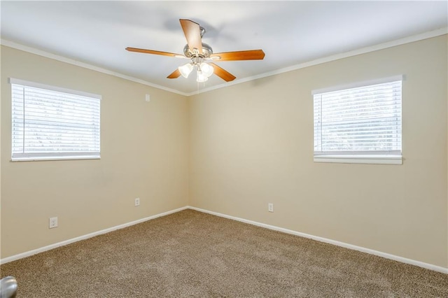 empty room featuring carpet floors, ornamental molding, and ceiling fan