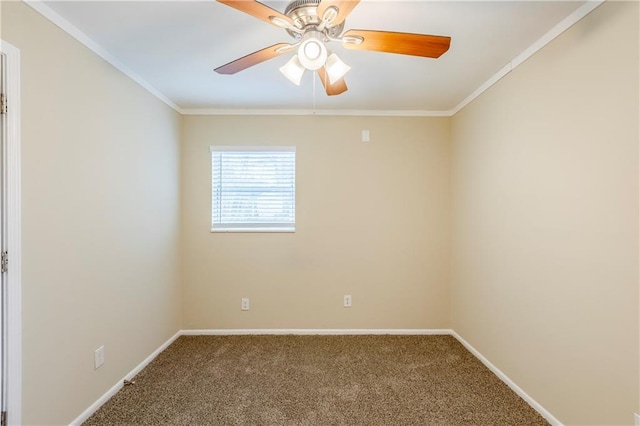 spare room featuring crown molding, ceiling fan, and carpet floors