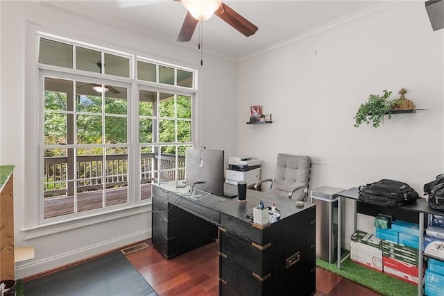 office space with ornamental molding, dark hardwood / wood-style floors, and ceiling fan