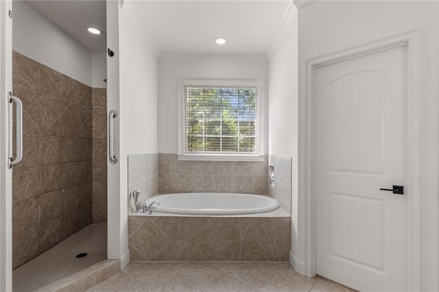 bathroom featuring crown molding, tile patterned flooring, and separate shower and tub