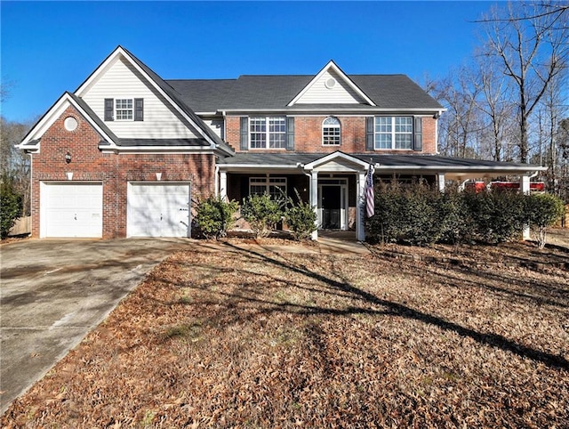 view of front of house with concrete driveway, an attached garage, covered porch, and brick siding