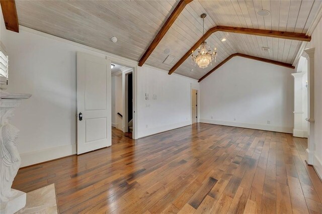4853 Stonehall Pl, Atlanta, GA 30339 - unfurnished living room featuring a chandelier, hardwood / wood-style flooring, wooden ceiling, and baseboards