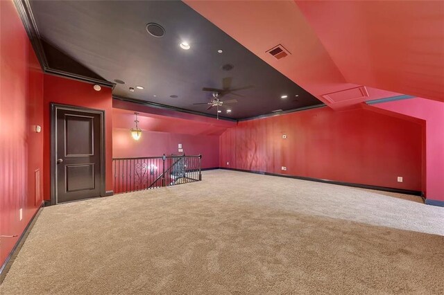 4853 Stonehall Pl, Atlanta, GA 30339 - home theater featuring carpet, ceiling fan, vaulted ceiling, baseboards, and recessed lighting