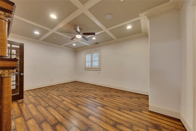 4853 Stonehall Pl, Atlanta, GA 30339 - unfurnished room featuring coffered ceiling, wood-type flooring, baseboards, a ceiling fan, and crown molding