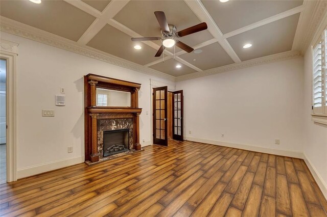 4853 Stonehall Pl, Atlanta, GA 30339 - unfurnished living room featuring coffered ceiling, a premium fireplace, wood finished floors, ceiling fan, and recessed lighting