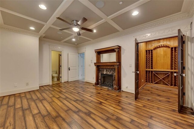 4853 Stonehall Pl, Atlanta, GA 30339 - unfurnished living room with coffered ceiling, wood finished floors, baseboards, a ceiling fan, and crown molding